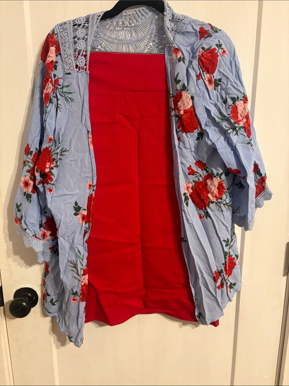Time and Tru Red Skirt with Light Blue Floral Kimono Set